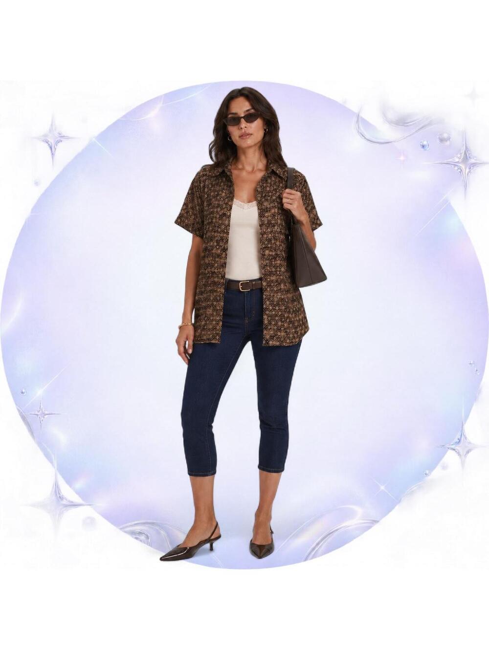 Vintage 90s Casual Corner Brown Geometric Button-Up Blouse